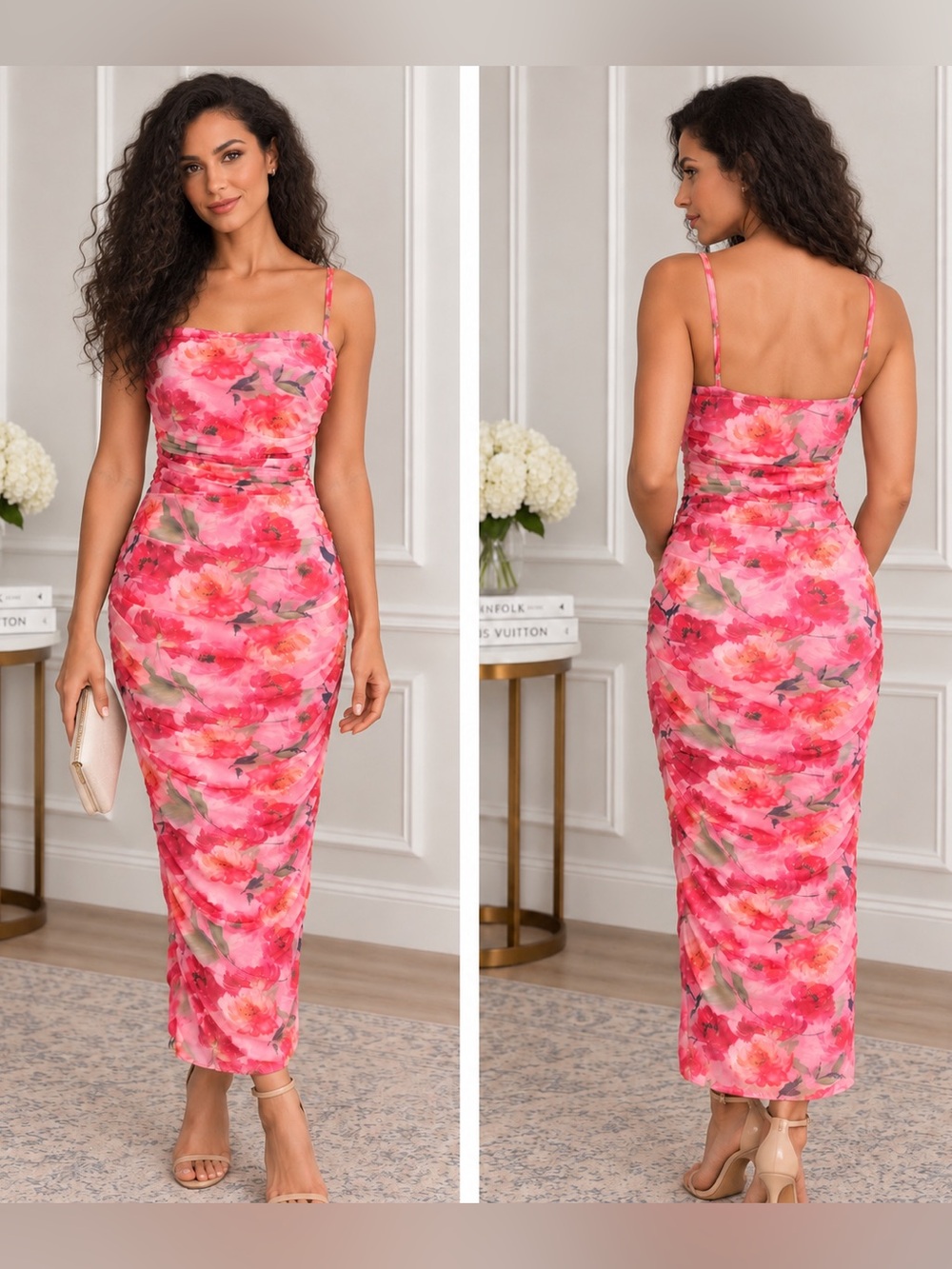 Lulus Pink Floral Ruched Maxi Wedding Guest Dress